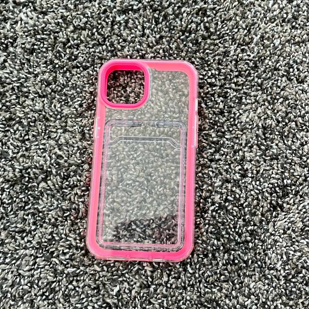 Pink/clear phone case with card holder for iPhone 13